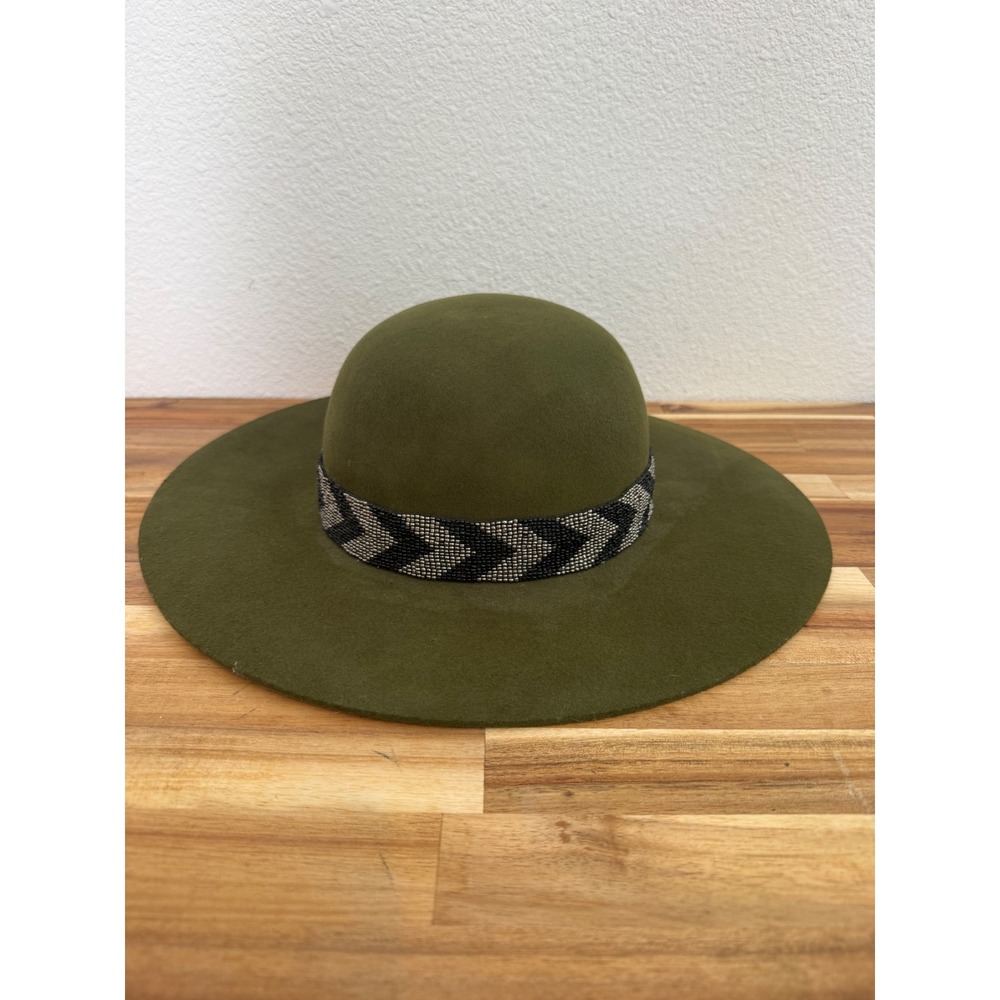 Olive & Pique Olive Green 100% Wool Wide Brim Fedora Hat Beaded Band NWT